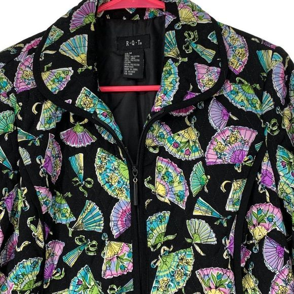 Womens Quilted Zip Jacket Blazer Medium RQT Lightweight 3322 Fan Print Lined - Picture 3 of 5